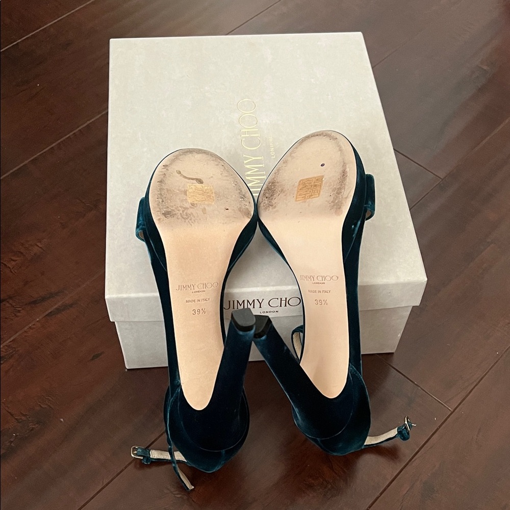 Jimmy Choo Dark Teal Velvet Heels - Picture 3 of 4